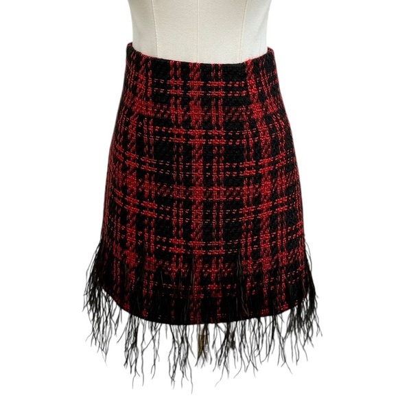 Antonio Melani Size 0 Dalia Tweed Mini Skirt Feather Fringe Hem Red Black NWT - Picture 5 of 16
